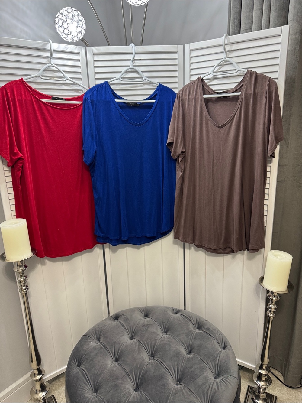 Studio Short-Sleeve V-Neck Tees in Red, Blue & Brown